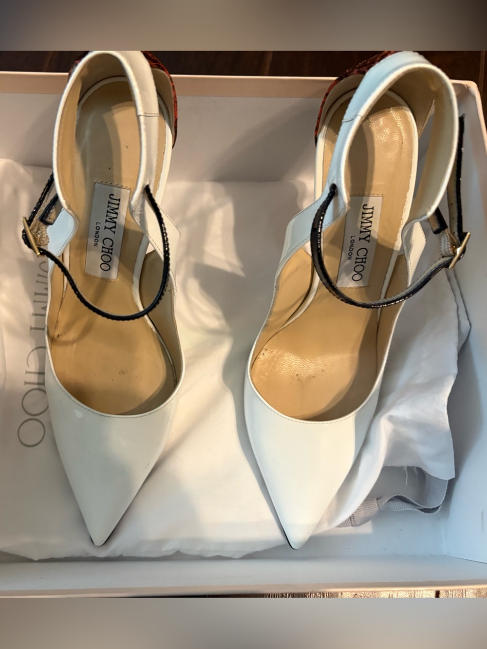 Jimmy Choo White Patent Leather Red Python Ankle Strap Pumps 38 US 8 Box
